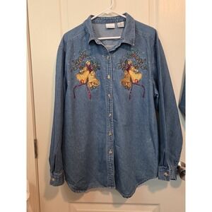 VTG Bobbie Brooks Denim Chambray Christmas Shirt With Bells & Holly Womens Sz XL